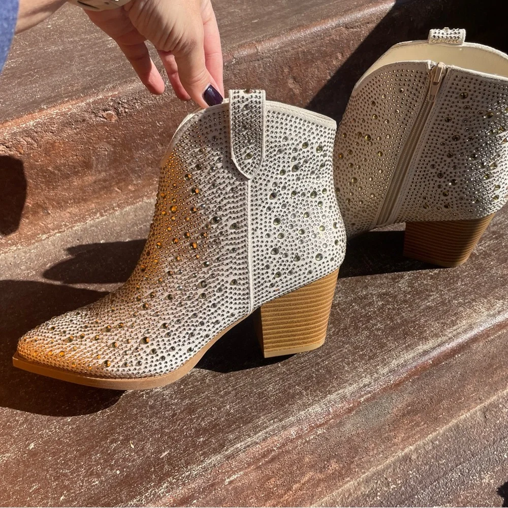 NWOT Boutique Cream Western Booties with Gold Gemstones— Perfect for NFR Rodeo